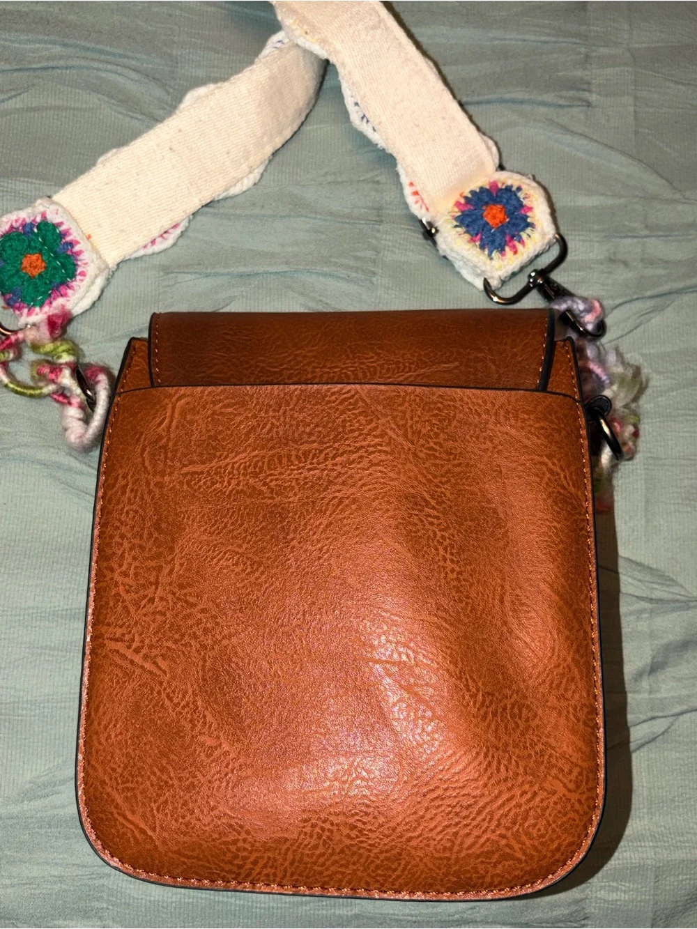 Brown Studded Crossbody Bag with Colorful Crochet Strap